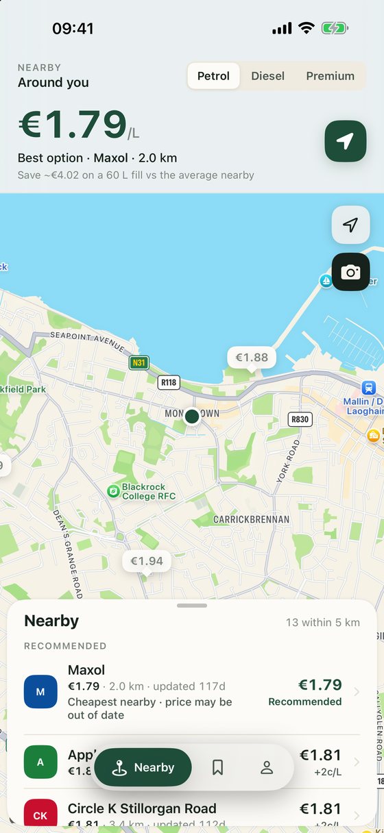 FuelRadar showing the best petrol price near Monkstown, Dublin, on a map with nearby stations
